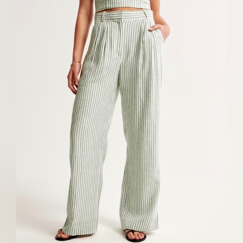 A&F Green White Stripe Sloane Tailored Linen-Blend Pant Trousers, 31 12 Short